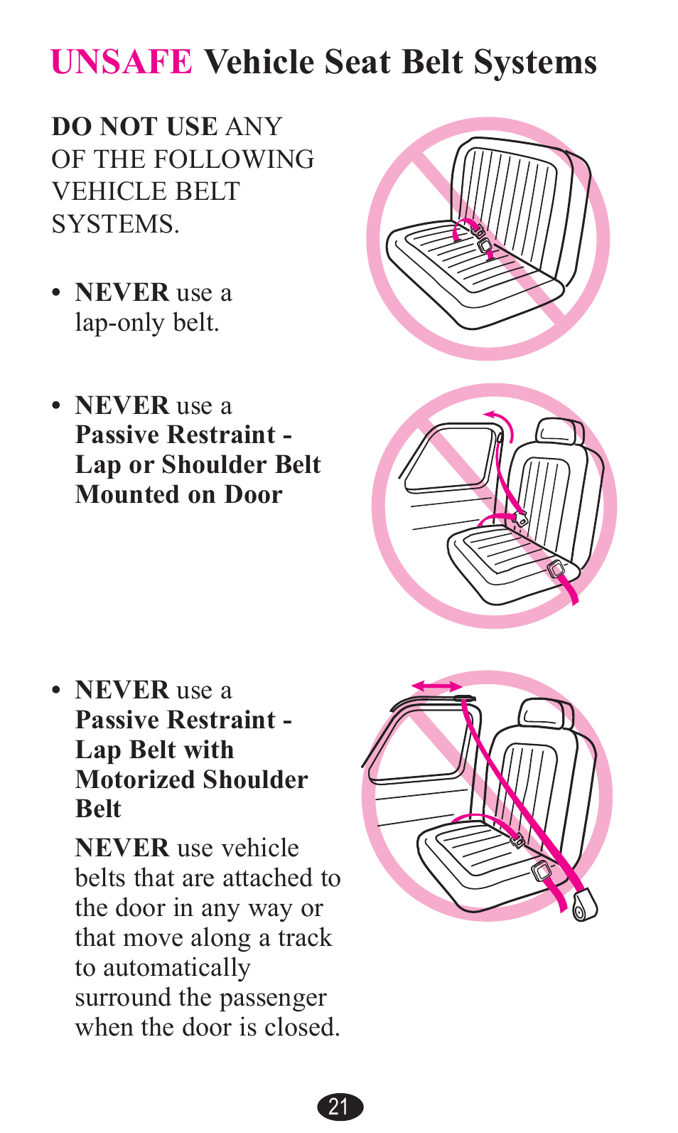 Unsafe vehicle seat belt systems, Unsafe vehicle belt systems | Graco PD141229A User Manual | Page 21 / 80