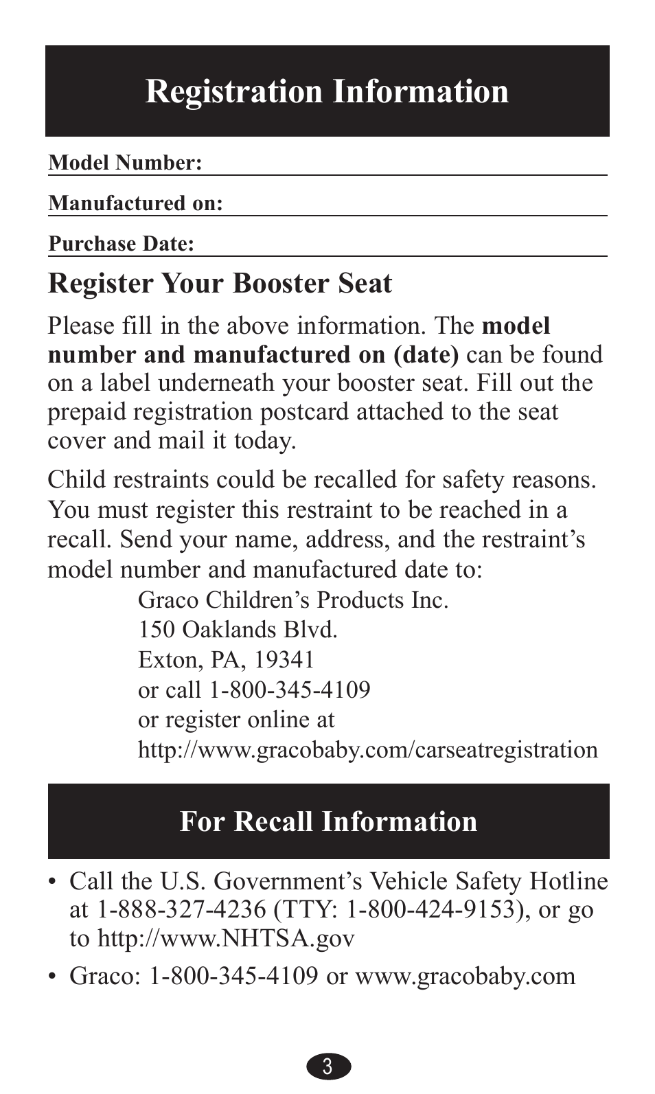 Registration information, Register your booster seat, For recall information | Graco PD141229A User Manual | Page 3 / 80