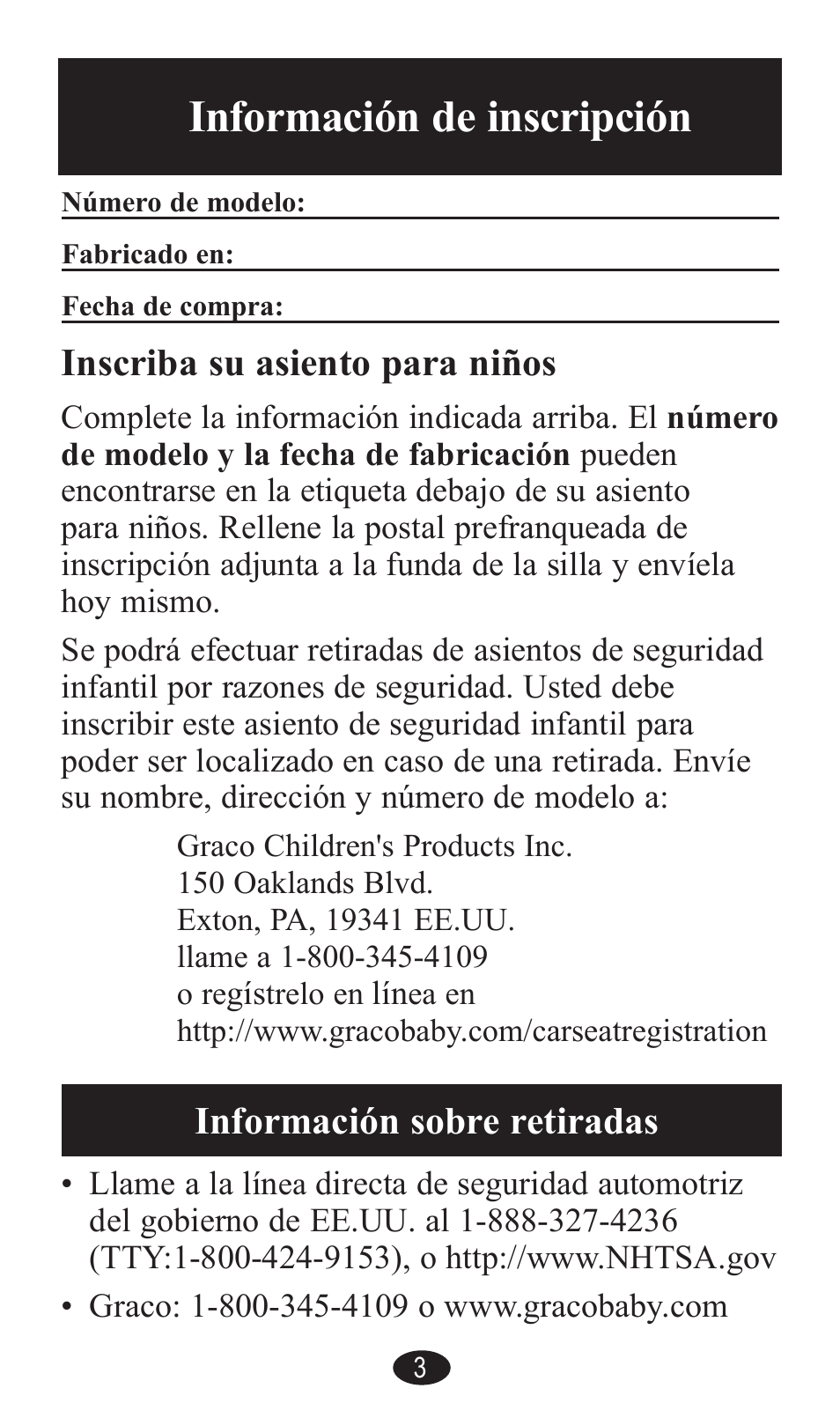 Información de inscripción, Inscriba su asiento para niños, Información sobre retiradas | Graco PD141229A User Manual | Page 43 / 80