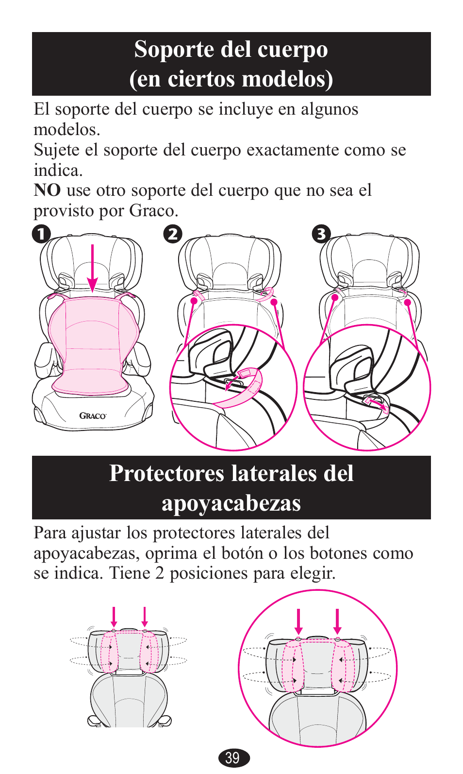 Soporte del cuerpo (en ciertos modelos), Protectores laterales del apoyacabezas | Graco PD141229A User Manual | Page 79 / 80