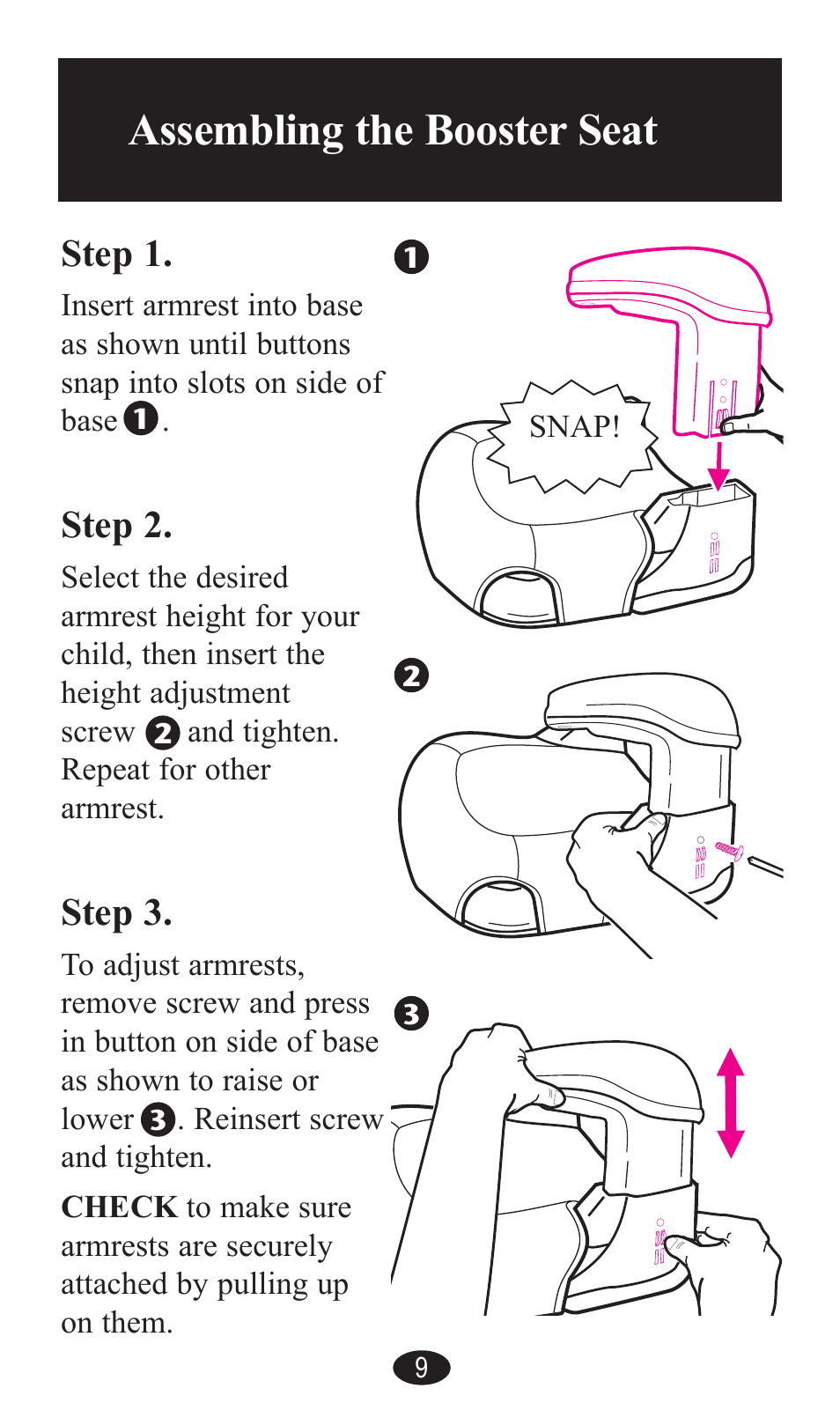 Assembling the booster seat, Assembling the booster seat -10, Step 1 | Step 2, Step 3 | Graco PD141229A User Manual | Page 9 / 80