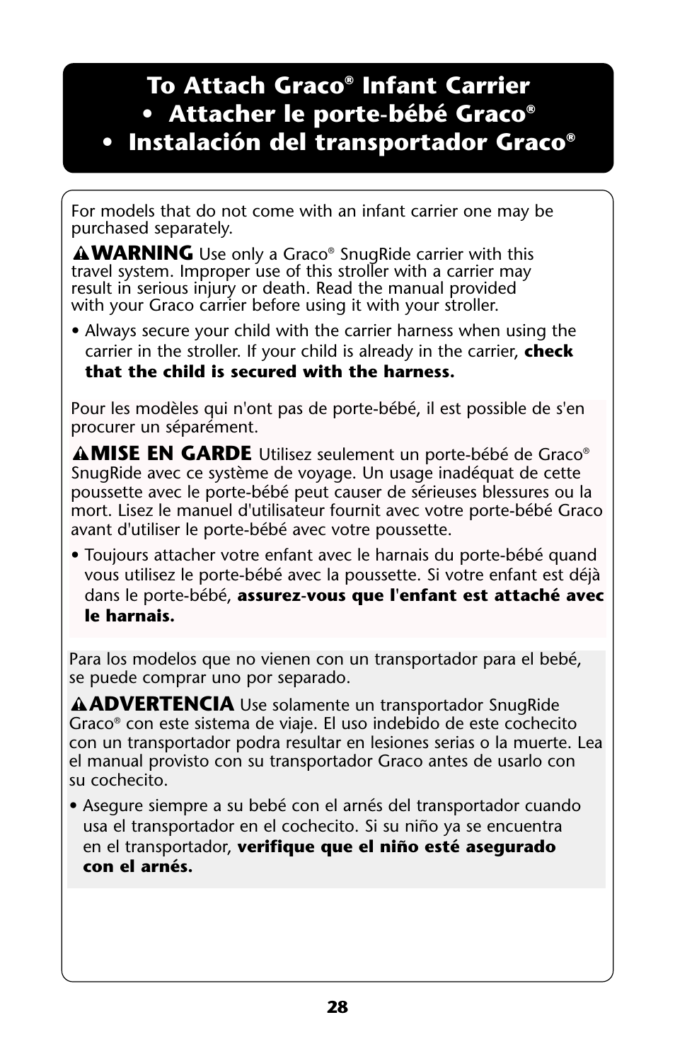 Infant carrier • attacher le porte-bébé graco, Instalación del transportador graco, Warning | Advertencia, Mise en garde | Graco ISPA118AA User Manual | Page 28 / 40