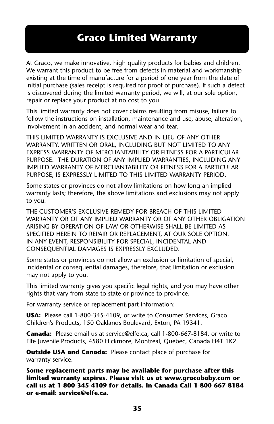 Graco limited warranty | Graco ISPA118AA User Manual | Page 35 / 40