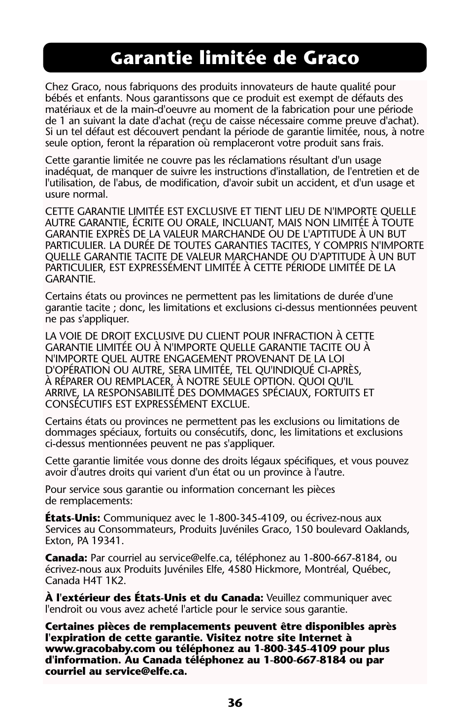 Arantie limitée de graco | Graco ISPA118AA User Manual | Page 36 / 40