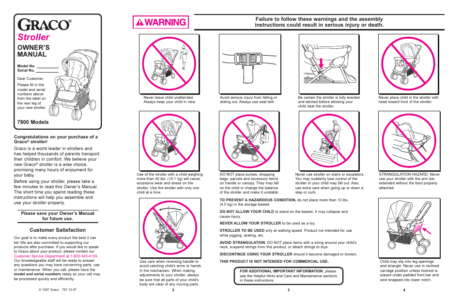 Stroller, Owners manual, Customer satisfaction | 7800 models | Graco 7825 User Manual | Page 2 / 8
