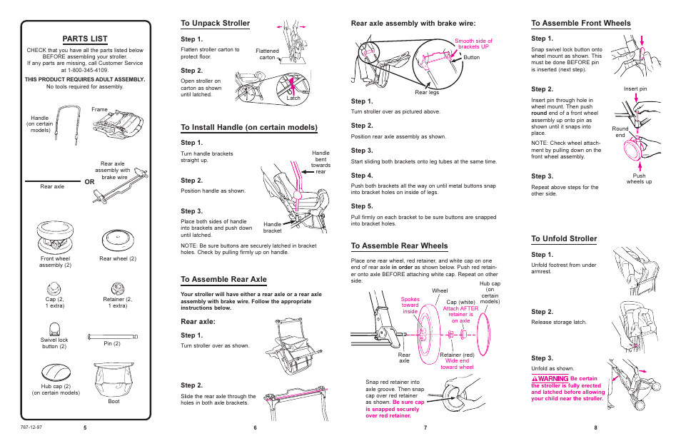 Parts list, Rear axle assembly with brake wire, Rear axle | Graco 7825 User Manual | Page 3 / 8