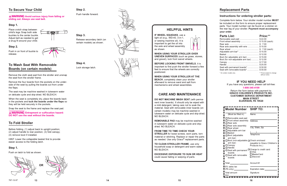 Replacement parts, Helpful hints, Care and maintenance | If you need help, Model number, Ship to, Parts list, Price | Graco 7825 User Manual | Page 7 / 8