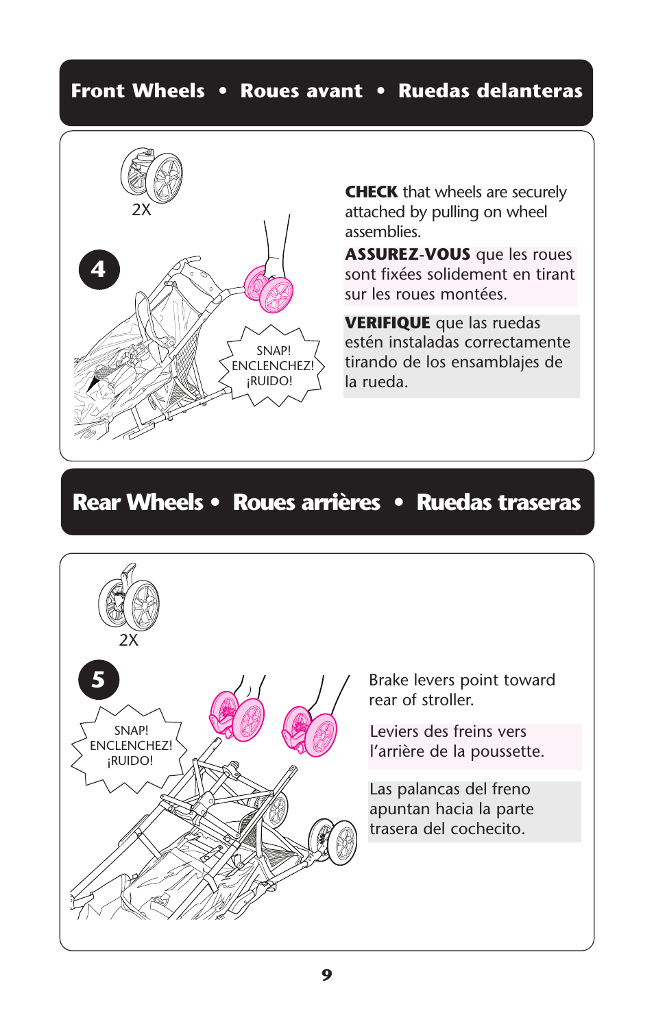 Rear wheels • roues arrières • ruedas traseras, Front wheels • roues avant • ruedas delanteras | Graco ISPA228AA User Manual | Page 9 / 24
