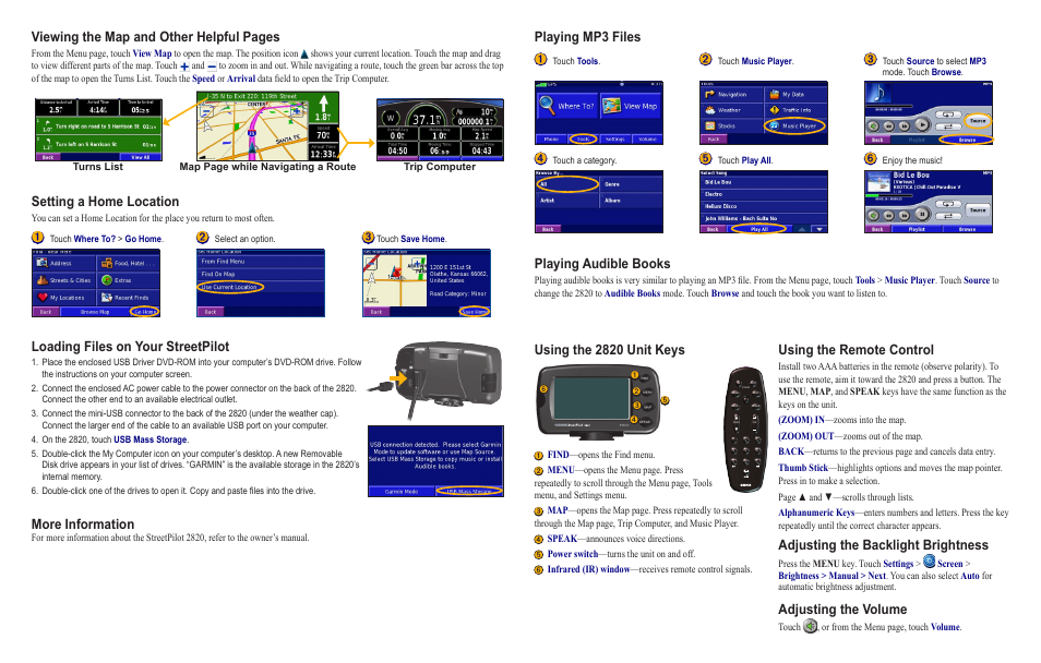 Viewing the map and other helpful pages, Setting a home location, Playing mp3 files | Playing audible books, Loading files on your streetpilot, More information, Using the 2820 unit keys, Using the remote control, Adjusting the backlight brightness, Adjusting the volume | Garmin StreetPilot 2820 User Manual | Page 2 / 2