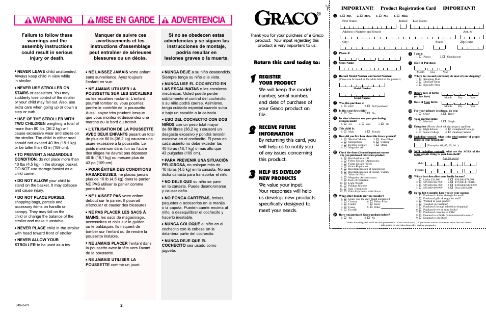 Warning advertencia mise en garde, Bm bl bn bt bu bs br bq bo bp cl cm cn co cp, Return this card today to | Important! product registration card important | Graco 6490 User Manual | Page 15 / 16
