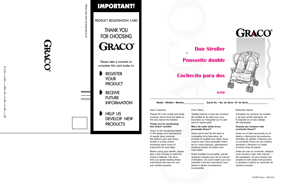 Important, Duo stroller, Poussette double | Cochecito para dos, Register, Your, Product, Receive, Future, Information | Graco 6490 User Manual | Page 16 / 16