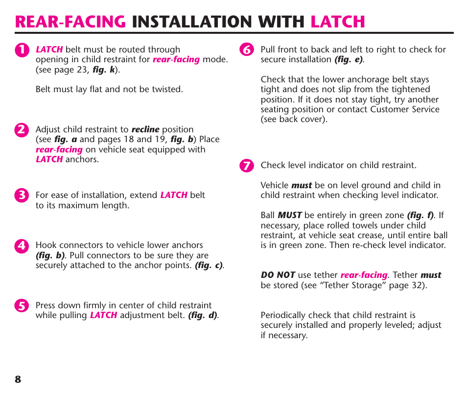 Rear-facing installation with latch | Graco ComfortSport ISPC123BA User Manual | Page 10 / 88