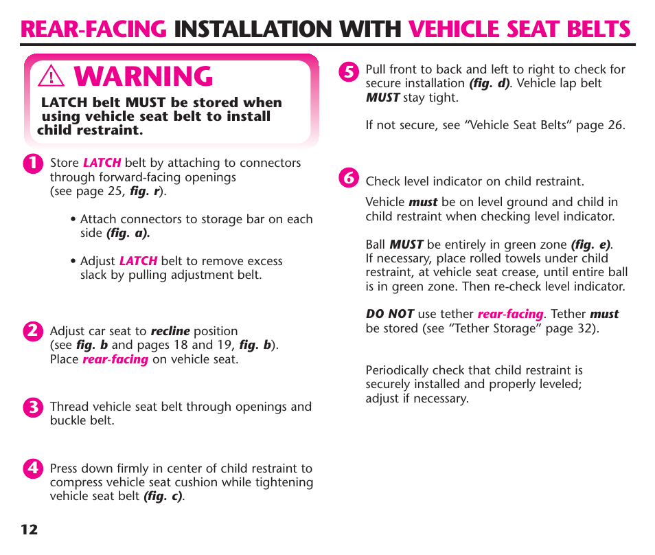 Warning, Rear-facing installation with vehicle seat belts | Graco ComfortSport ISPC123BA User Manual | Page 14 / 88