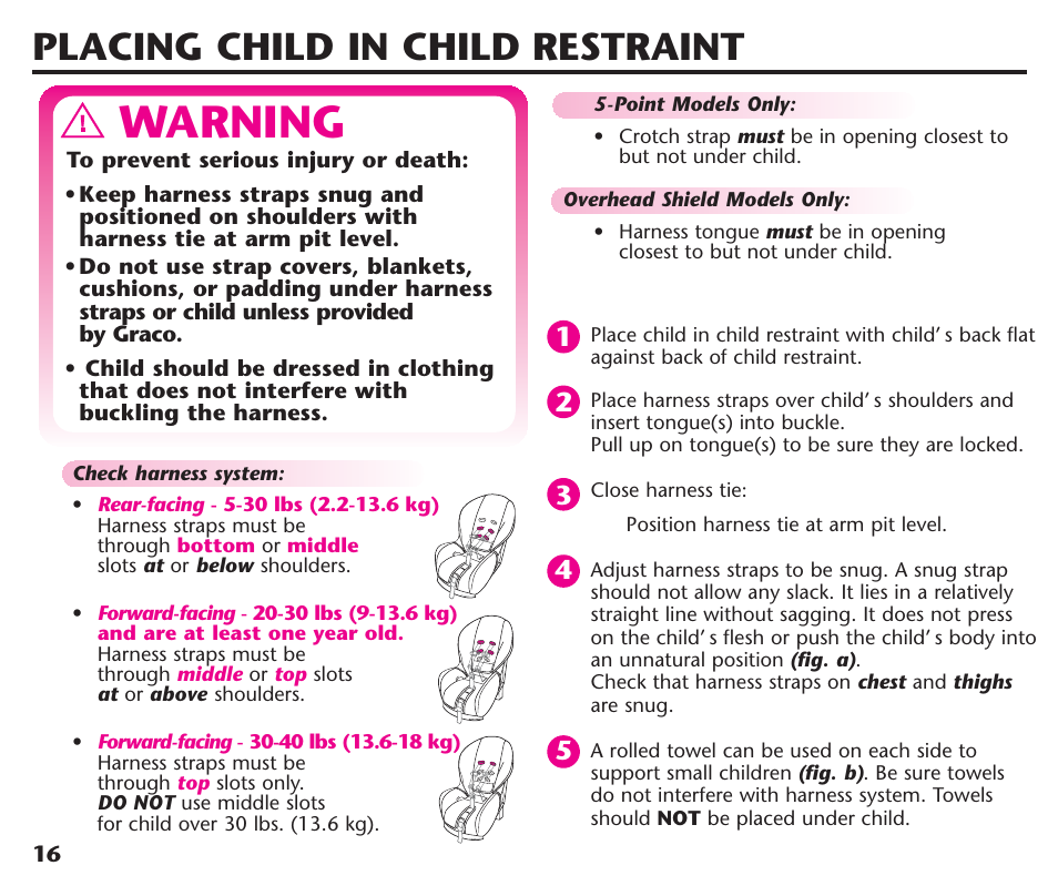 Warning, Placing child in child restraint | Graco ComfortSport ISPC123BA User Manual | Page 18 / 88