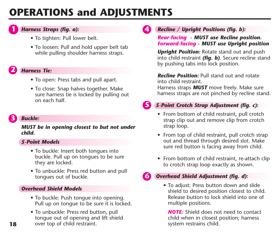 Operations and adjustments | Graco ComfortSport ISPC123BA User Manual | Page 20 / 88