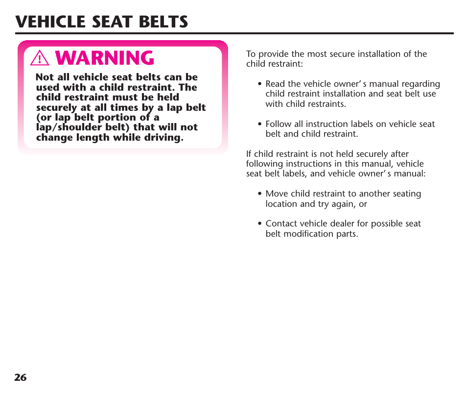 Warning, Vehicle seat belts | Graco ComfortSport ISPC123BA User Manual | Page 28 / 88