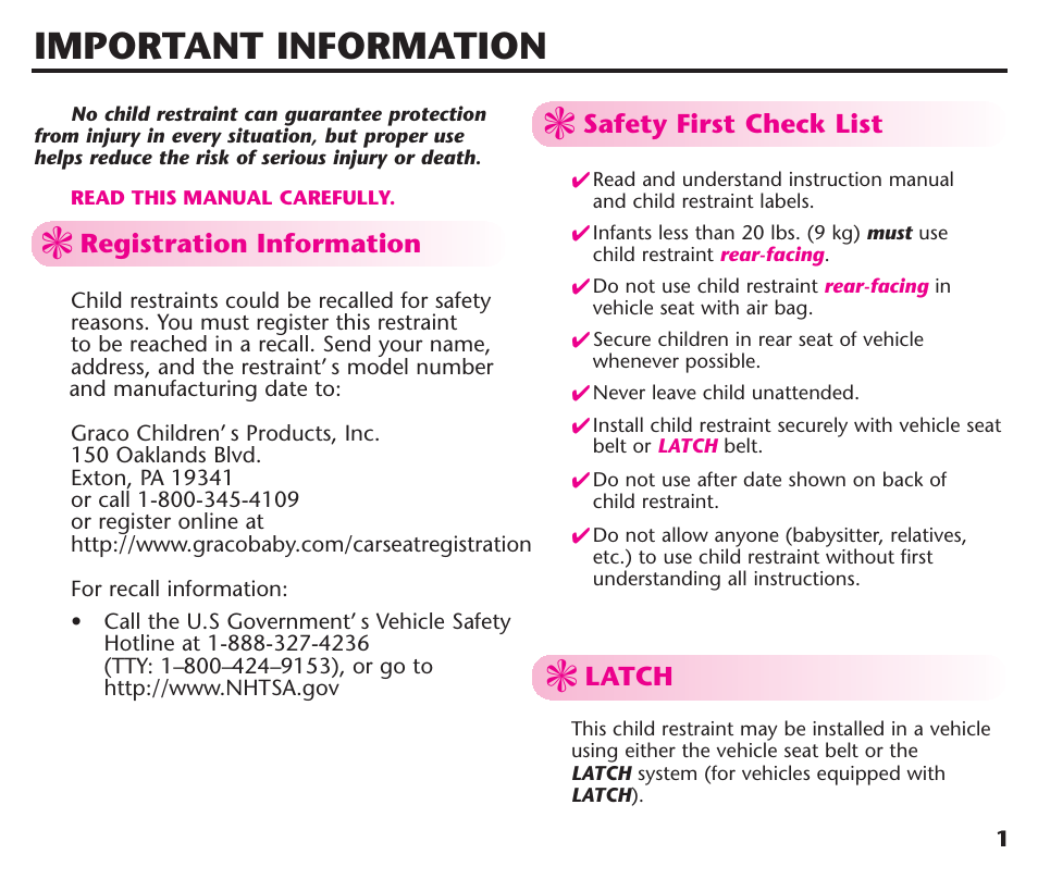 Important information | Graco ComfortSport ISPC123BA User Manual | Page 3 / 88