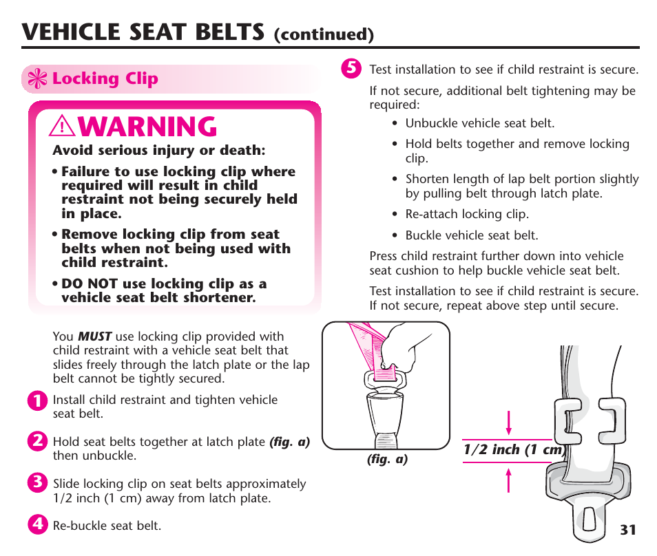 Warning, Vehicle seat belts | Graco ComfortSport ISPC123BA User Manual | Page 33 / 88