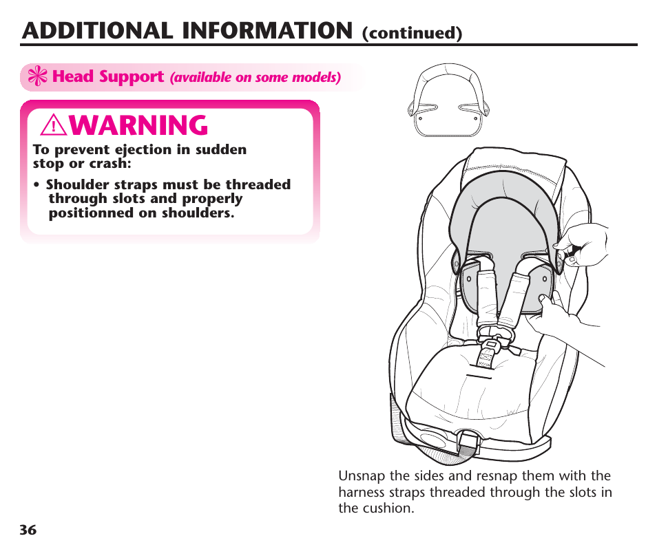 Warning, Additional information | Graco ComfortSport ISPC123BA User Manual | Page 38 / 88