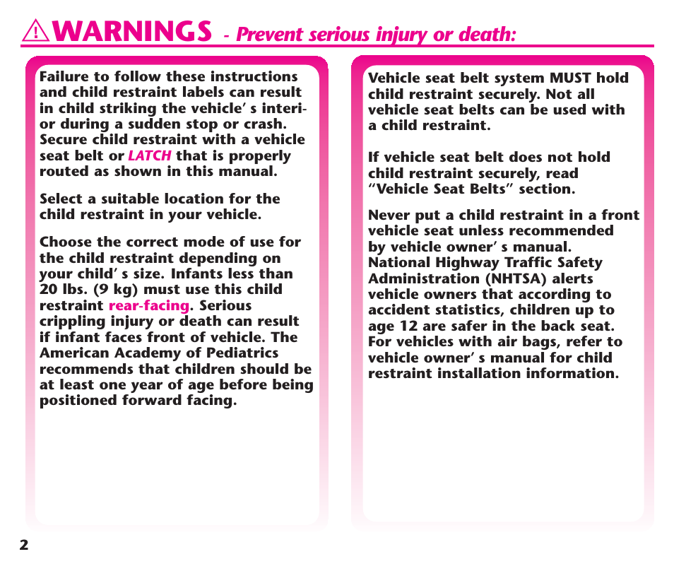 Warnings, Prevent serious injury or death | Graco ComfortSport ISPC123BA User Manual | Page 4 / 88