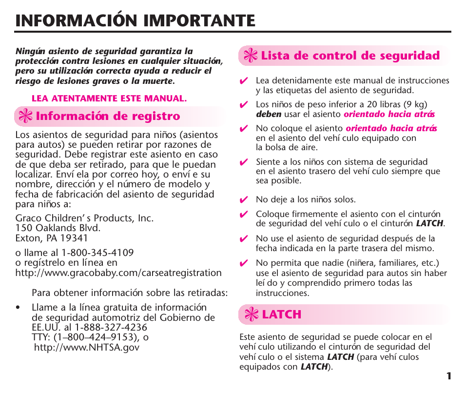 Información importante | Graco ComfortSport ISPC123BA User Manual | Page 47 / 88