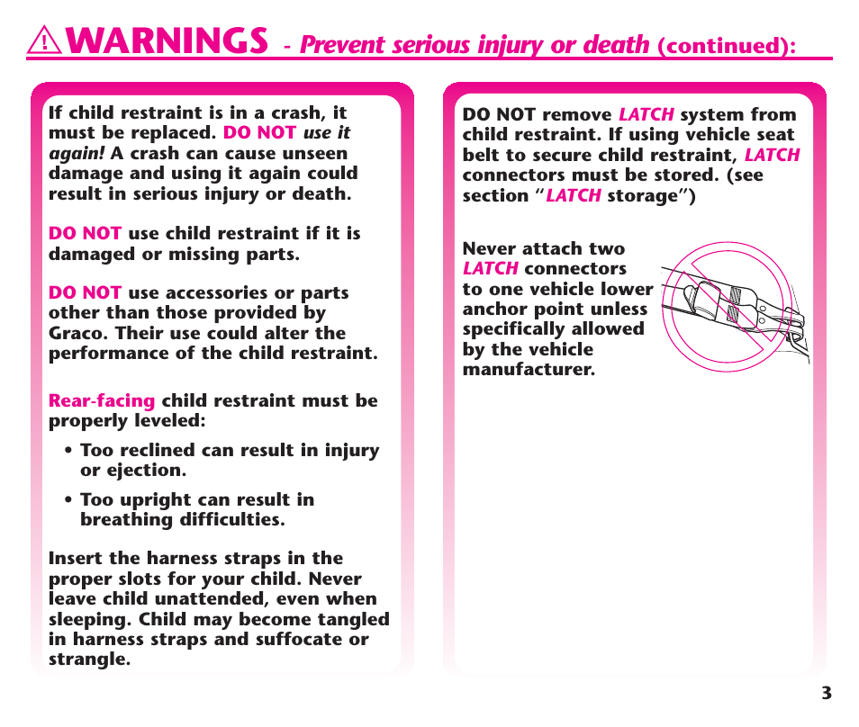 Warnings, Prevent serious injury or death | Graco ComfortSport ISPC123BA User Manual | Page 5 / 88