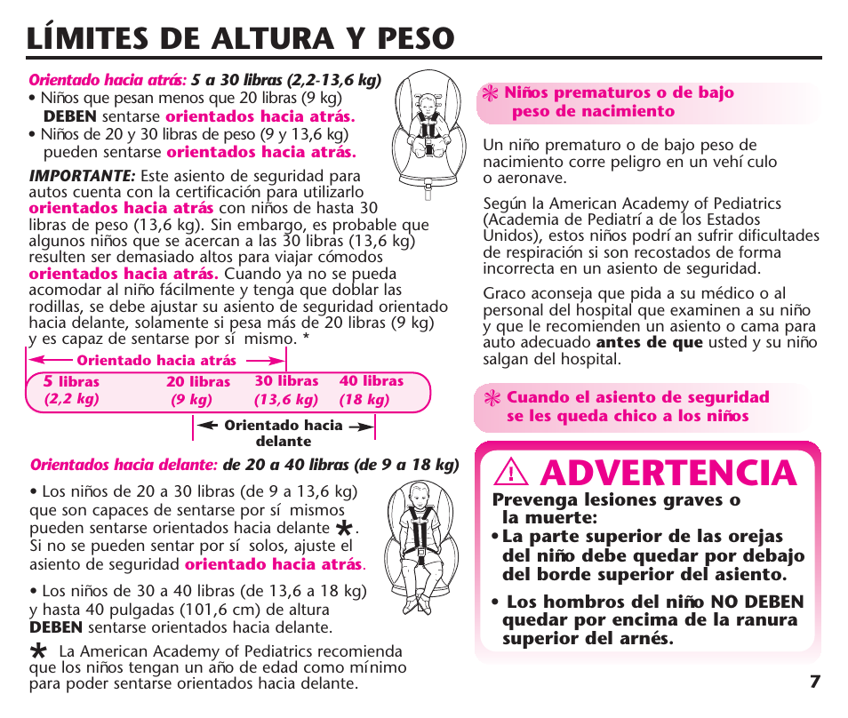 Advertencia, Límites de altura y peso | Graco ComfortSport ISPC123BA User Manual | Page 53 / 88