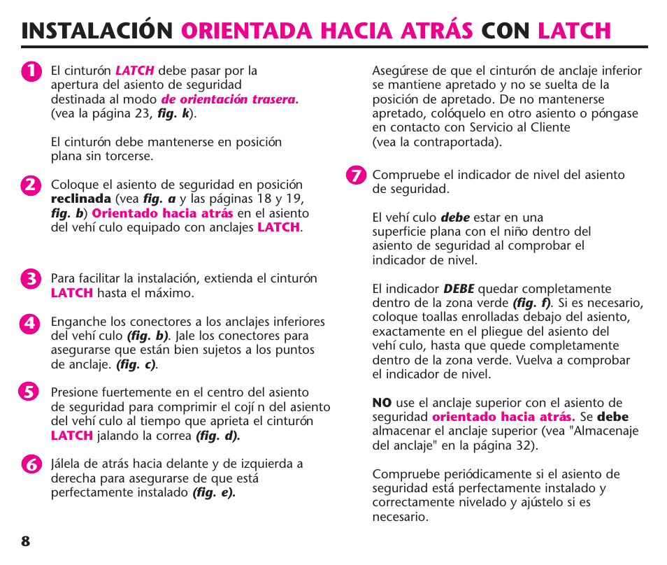 Instalación orientada hacia atrás con latch | Graco ComfortSport ISPC123BA User Manual | Page 54 / 88