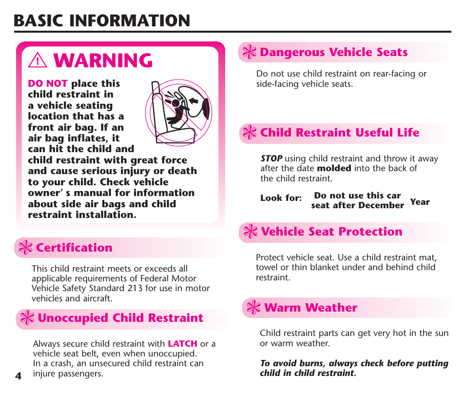 Warning, Basic information | Graco ComfortSport ISPC123BA User Manual | Page 6 / 88