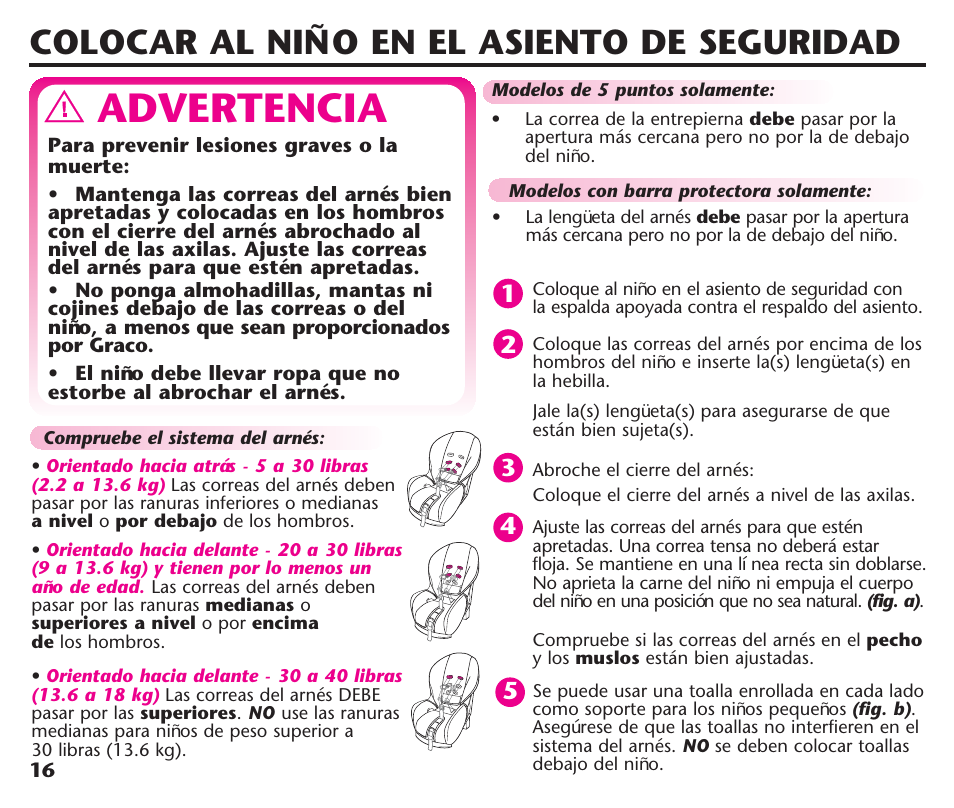 Advertencia, Colocar al niño en el asiento de seguridad | Graco ComfortSport ISPC123BA User Manual | Page 62 / 88