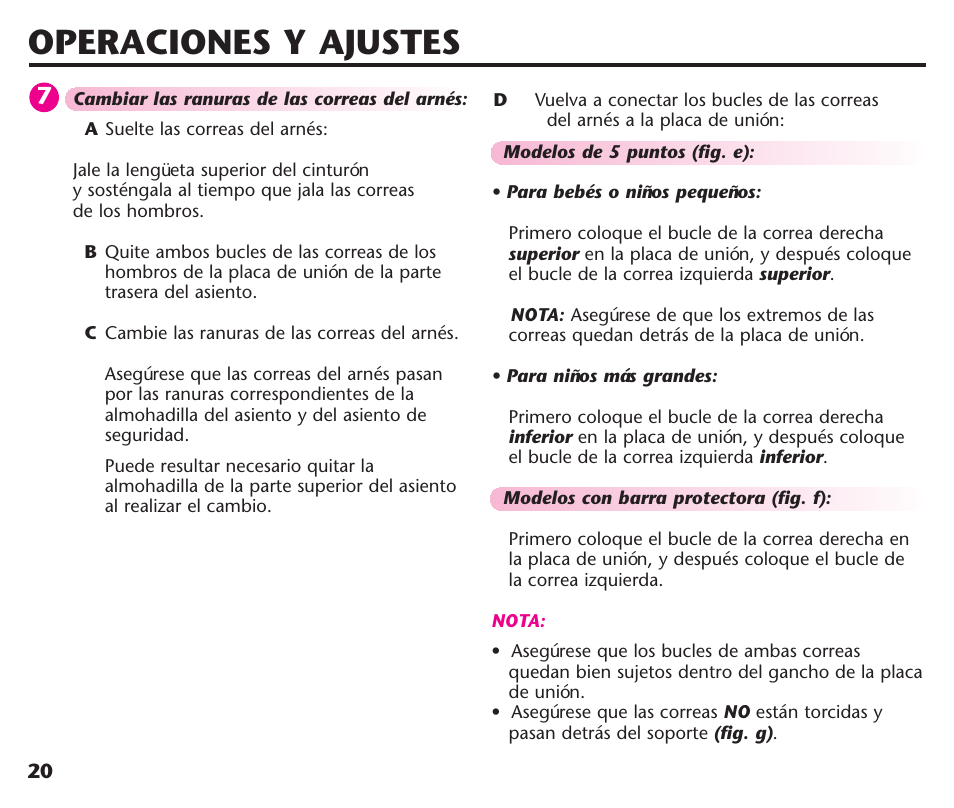 Operaciones y ajustes | Graco ComfortSport ISPC123BA User Manual | Page 66 / 88