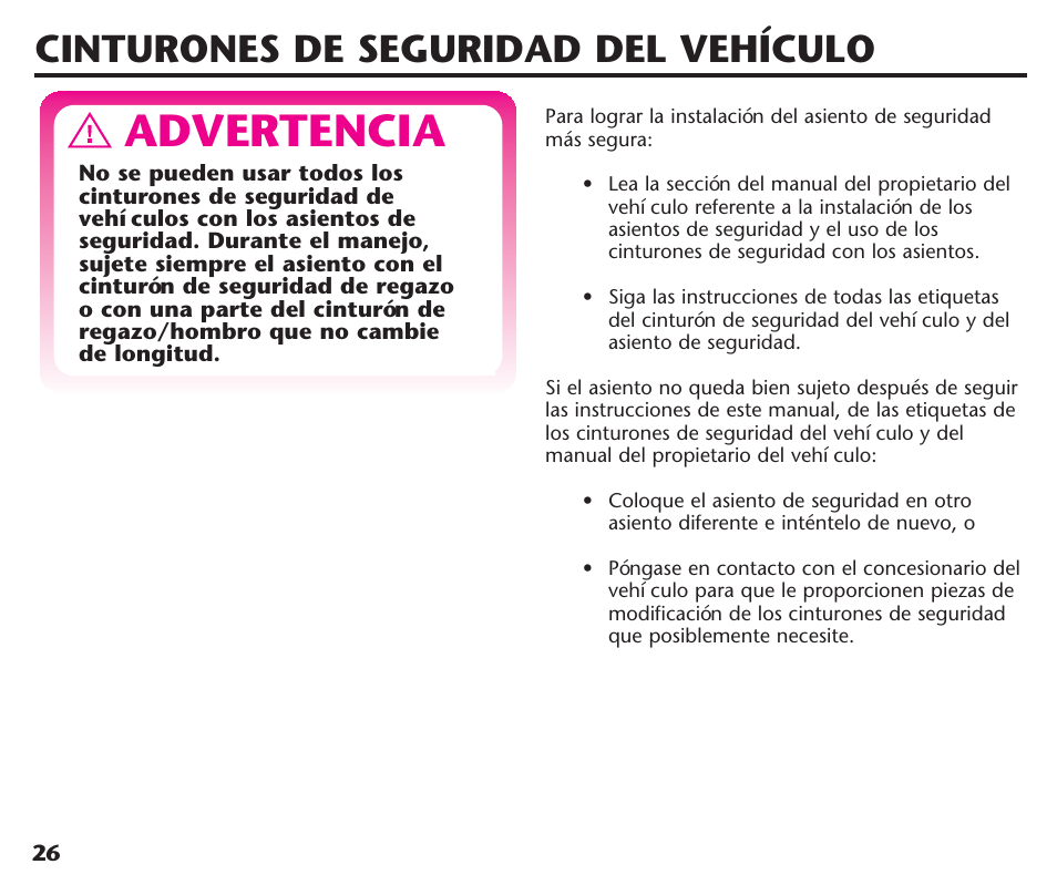 Advertencia, Cinturones de seguridad del vehículo | Graco ComfortSport ISPC123BA User Manual | Page 72 / 88