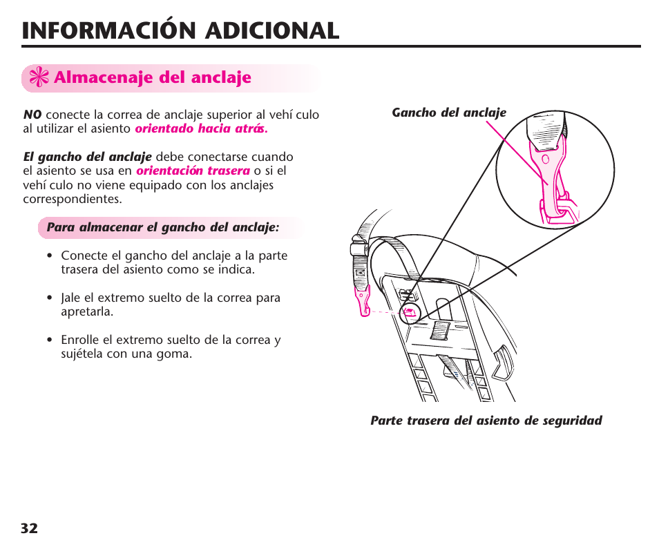 Información adicional, Almacenaje del anclaje | Graco ComfortSport ISPC123BA User Manual | Page 78 / 88