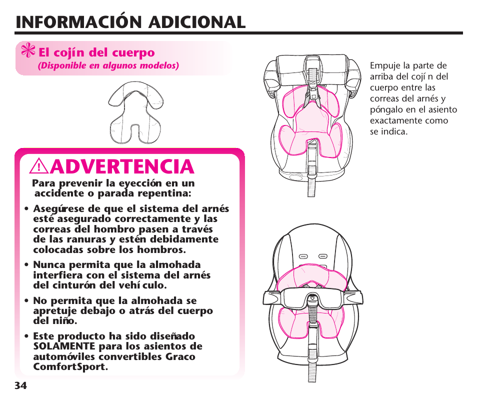 Advertencia, Información adicional | Graco ComfortSport ISPC123BA User Manual | Page 80 / 88