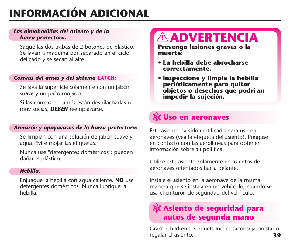 Advertencia, Información adicional | Graco ComfortSport ISPC123BA User Manual | Page 85 / 88