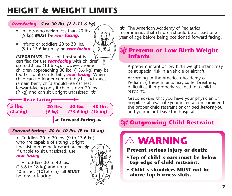 Warning, Height & weight limits | Graco ComfortSport ISPC123BA User Manual | Page 9 / 88