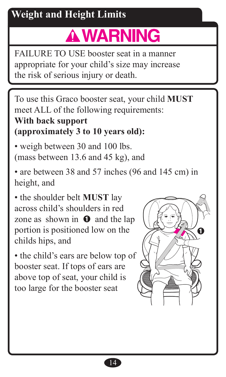 Weight and height limits | Graco Booster Seat User Manual | Page 14 / 72