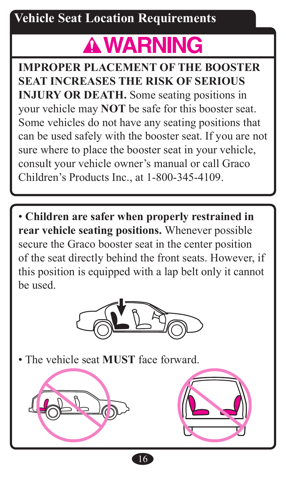 Vehicle seat location requirements | Graco Booster Seat User Manual | Page 16 / 72