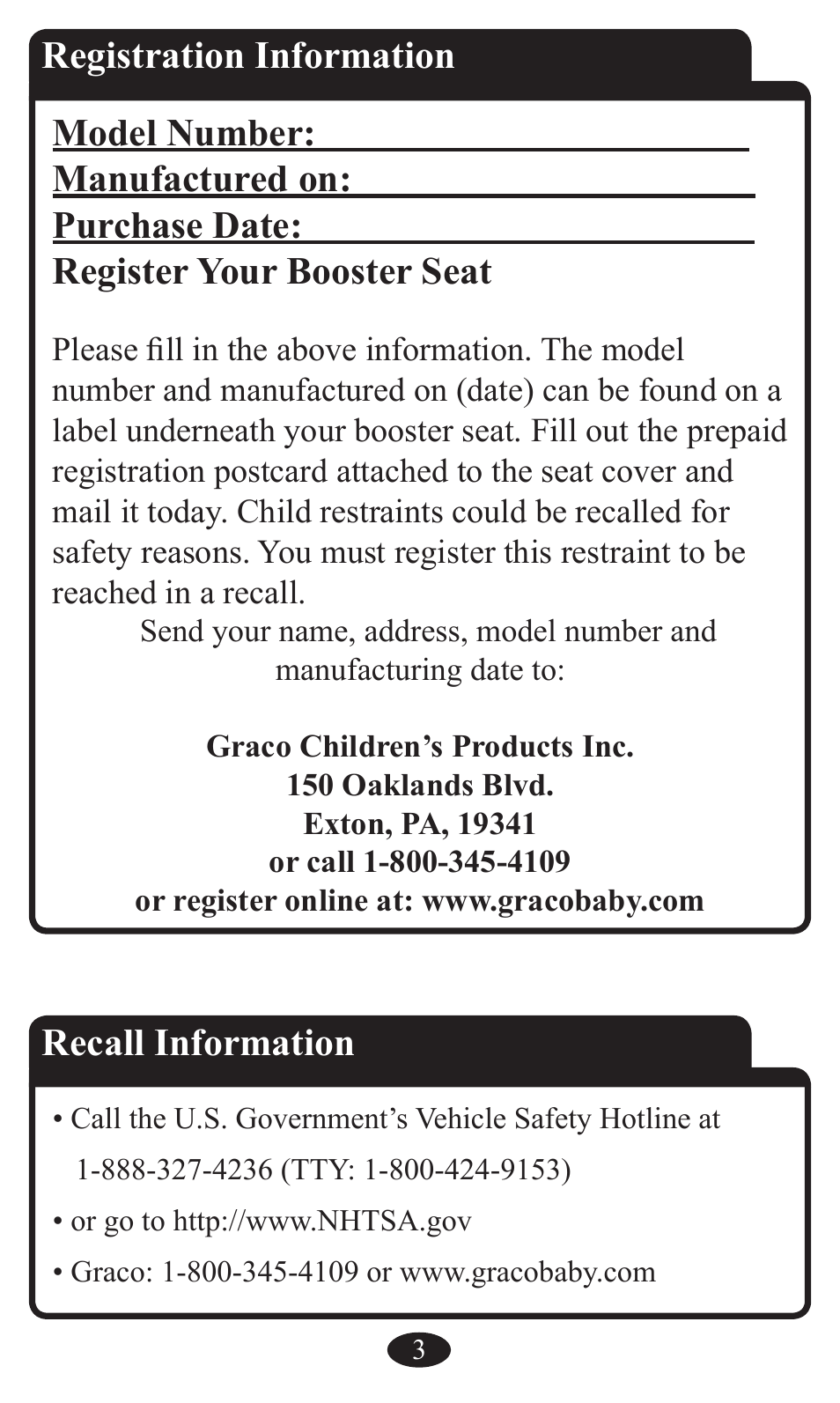 Recall information | Graco Booster Seat User Manual | Page 3 / 72