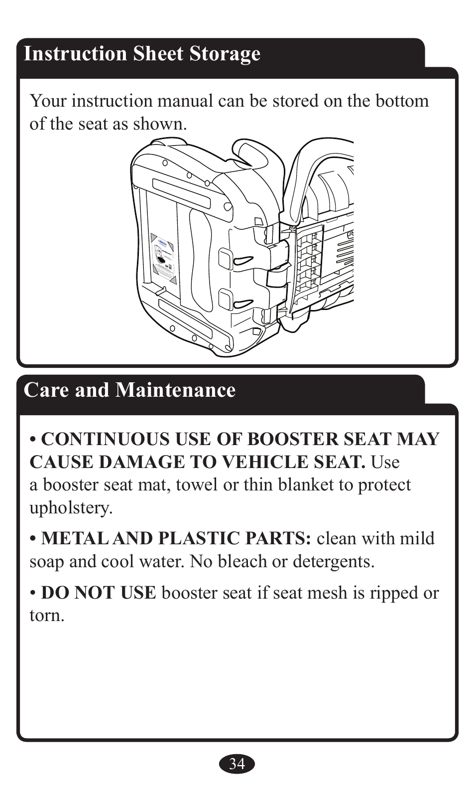 Instruction sheet storage, Care and maintenance | Graco Booster Seat User Manual | Page 34 / 72