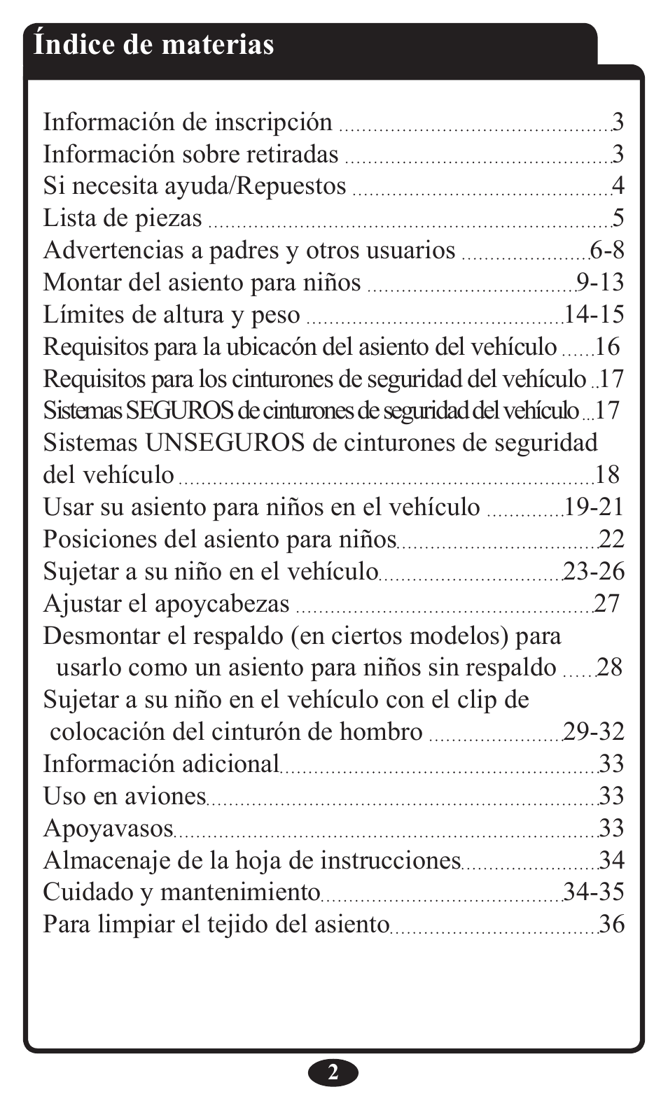 Índice de materias | Graco Booster Seat User Manual | Page 38 / 72