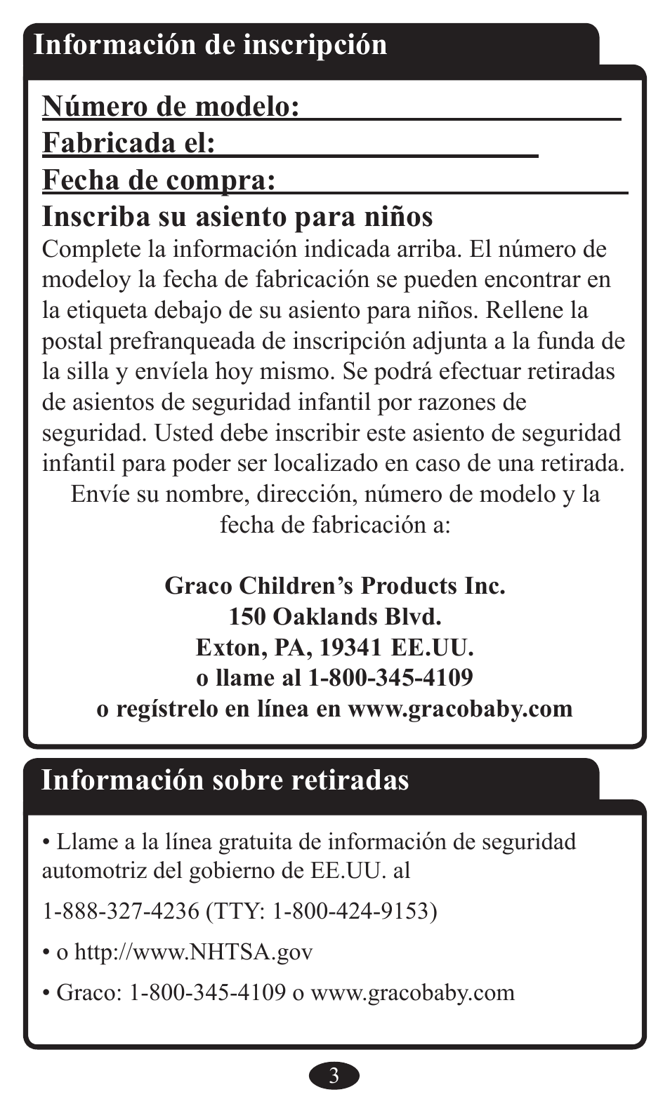 Información sobre retiradas | Graco Booster Seat User Manual | Page 39 / 72