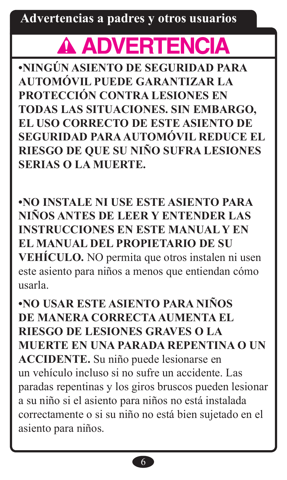 Advertencias a padres y otros usuarios | Graco Booster Seat User Manual | Page 42 / 72