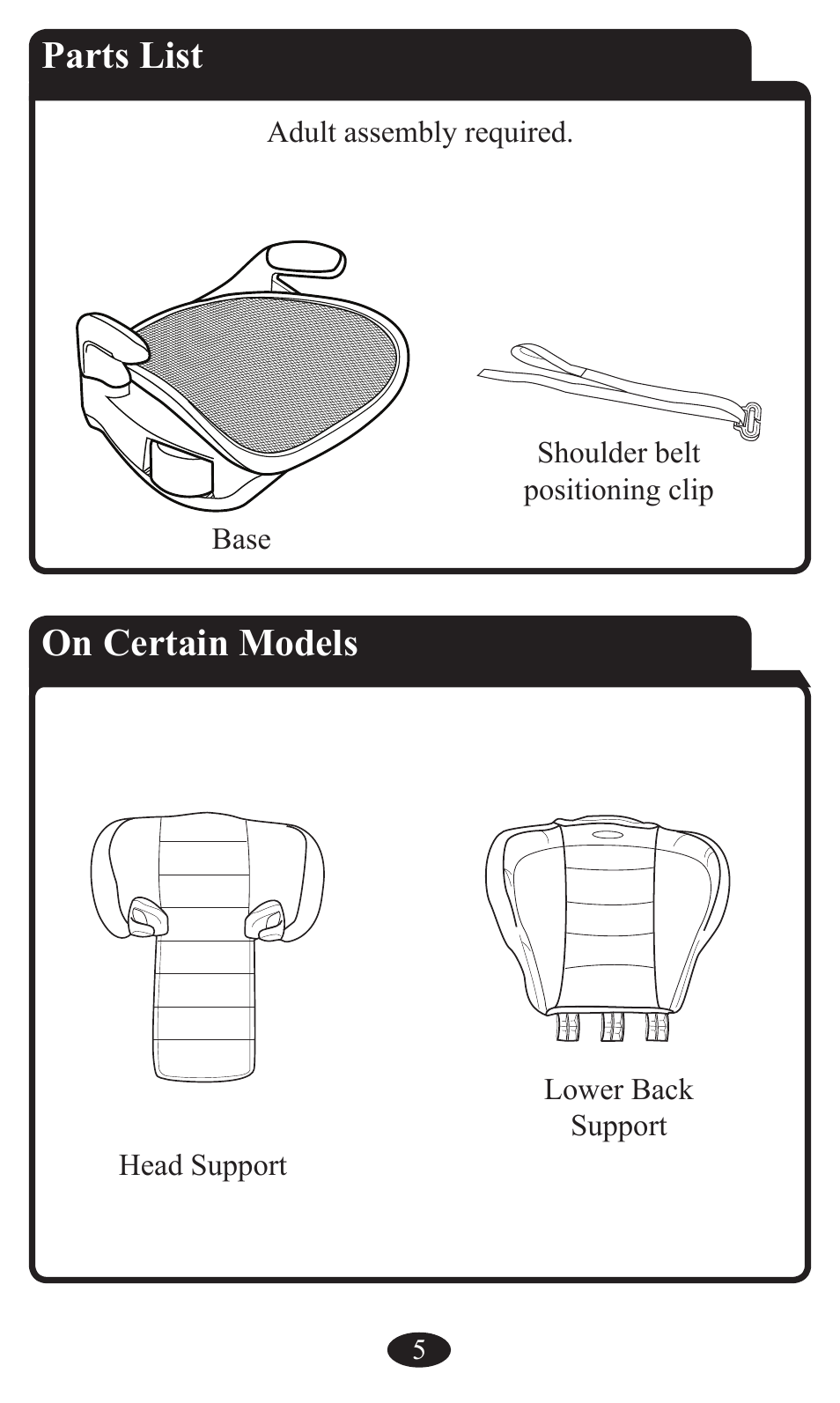 Parts list, On certain models | Graco Booster Seat User Manual | Page 5 / 72