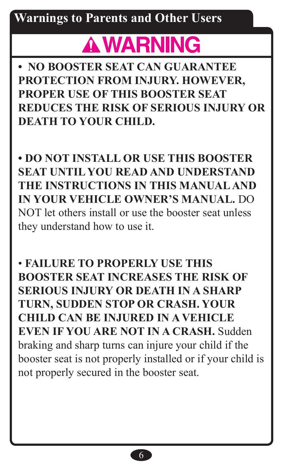 Warnings to parents and other users | Graco Booster Seat User Manual | Page 6 / 72