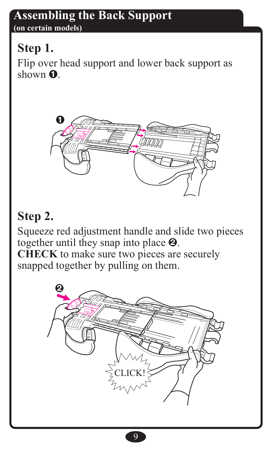 Assembling the back support, Step 1, Step | Graco Booster Seat User Manual | Page 9 / 72