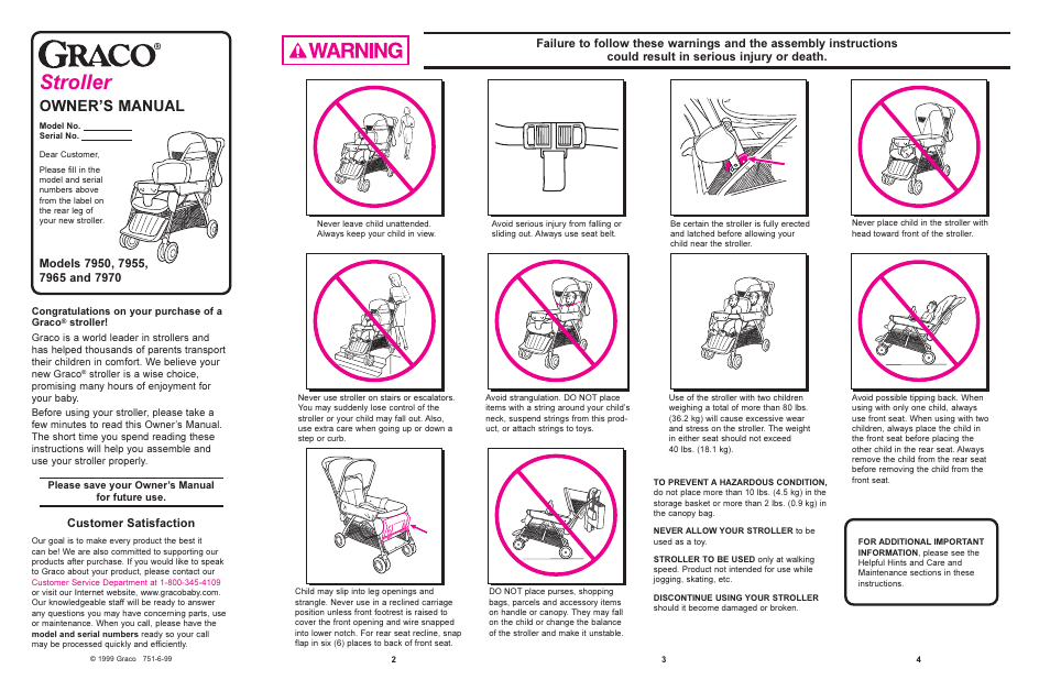 Stroller, Owners manual, Customer satisfaction | Graco 7950 User Manual | Page 2 / 7