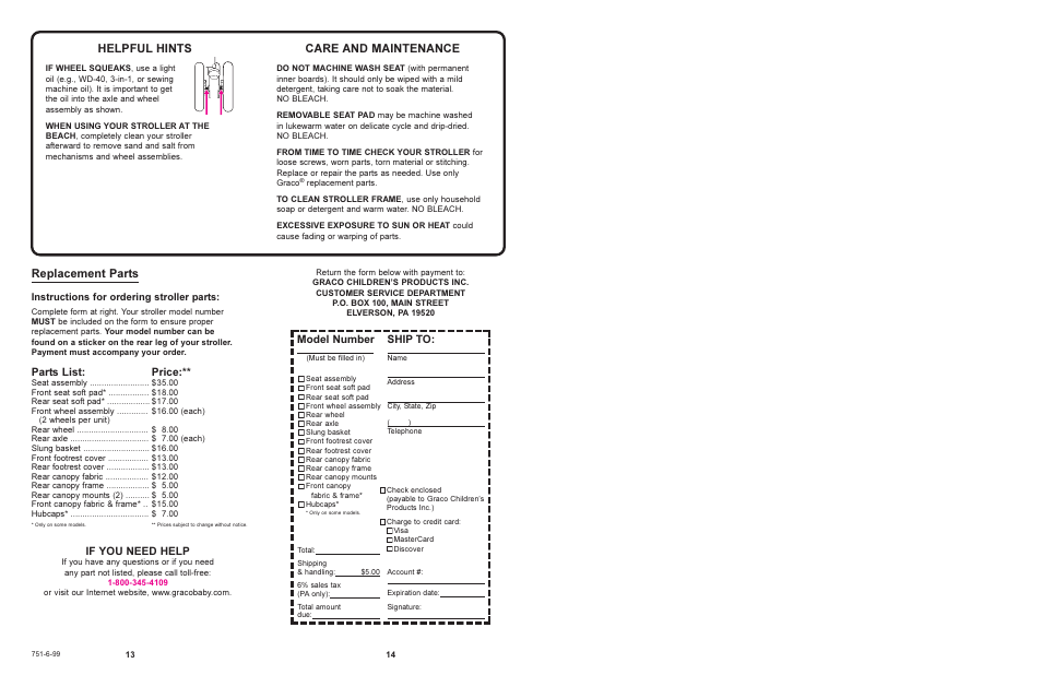 Replacement parts, Helpful hints, Care and maintenance | Model number, Ship to, If you need help, Parts list, Price | Graco 7950 User Manual | Page 7 / 7