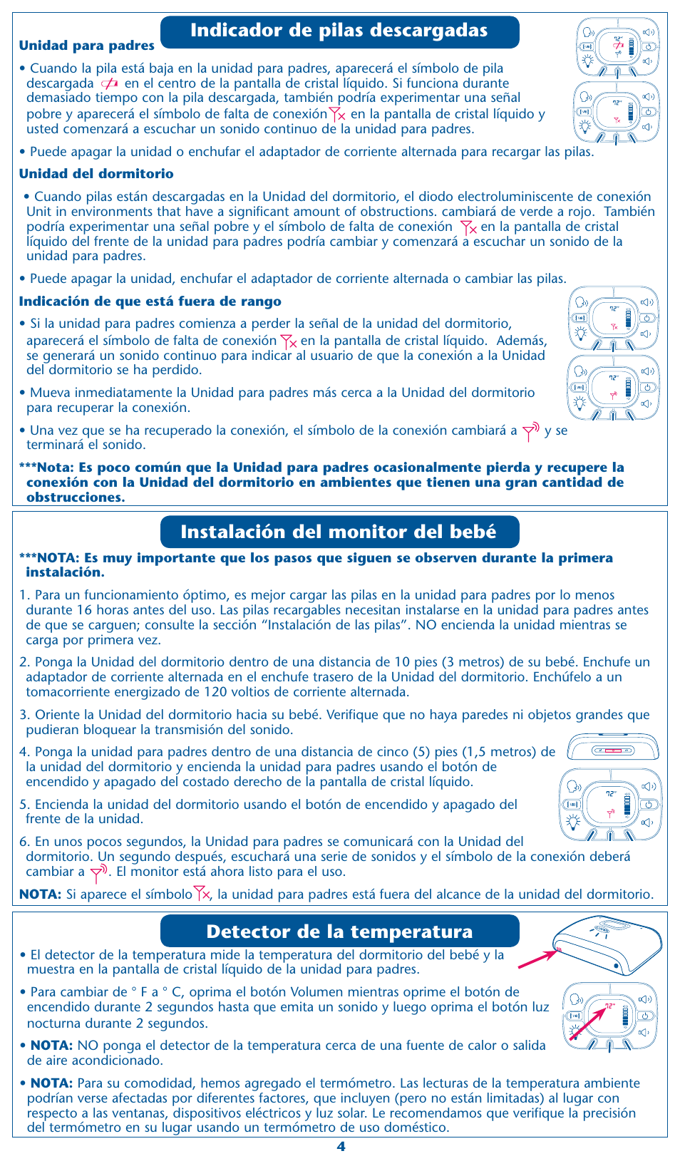 Indicador de pilas descargadas, Instalación del monitor del bebé, Detector de la temperatura | Graco 2M17 User Manual | Page 10 / 12