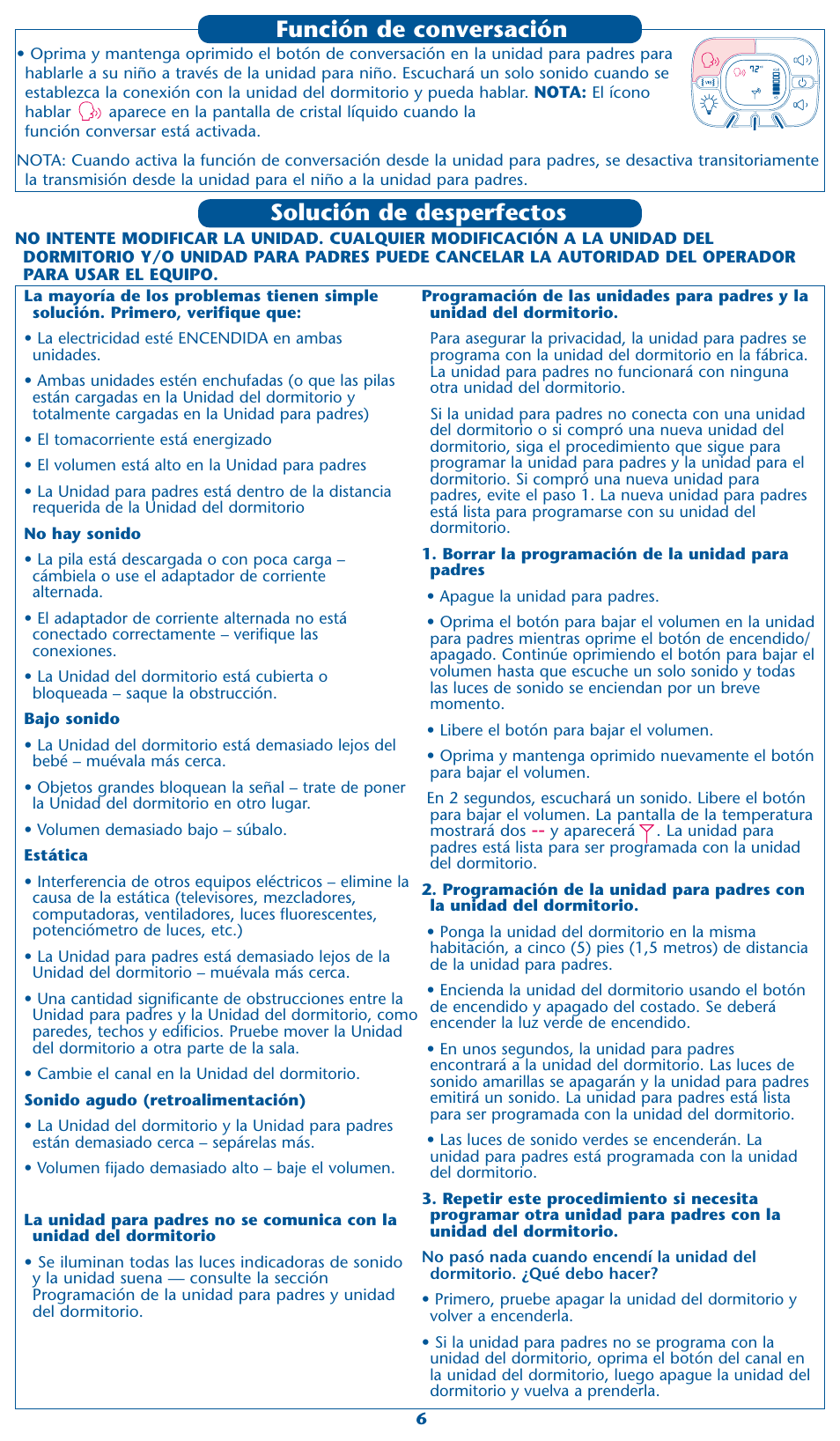 Solución de desperfectos, Función de conversación | Graco 2M17 User Manual | Page 12 / 12